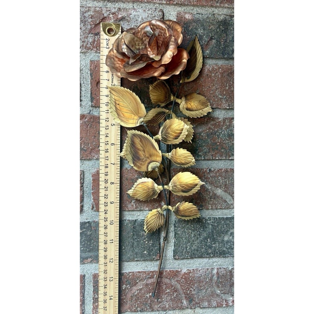 Vtg. Brass & Copper Rose MCM Wall Decor Home Interior Brutalist 14" Floral EUC
